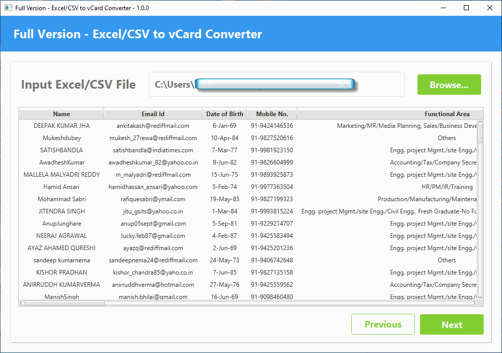 convert excel contacts format to VCF