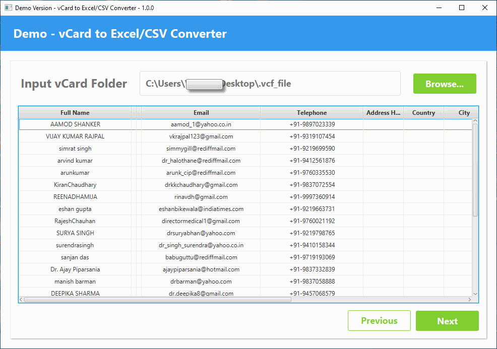 Export vCard Contacts List to CSV Format